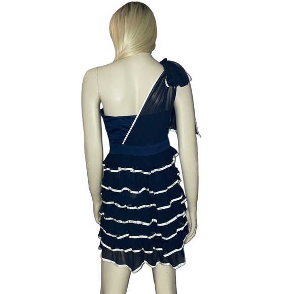 French Connection VNTG Navy Blue White Silk Ruffle Dress - Picture 3 of 5